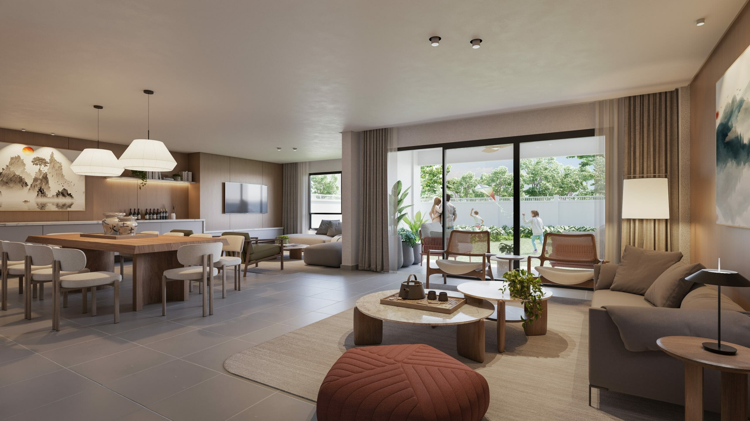 Vista panorámica de la sala comedor del modelo de residencia Noura en Paseo del Norte